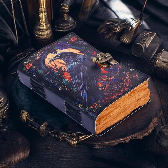 Leather Gothic Journal Magical Raven Notebook Blank Spell book of shadows Mystery Crow Journal Grimoire Witchcraft notebook Journal Great for Halloween and Raven Lovers Aesthetic Leather Journal gifts for Men and Women (7x5 Inches)