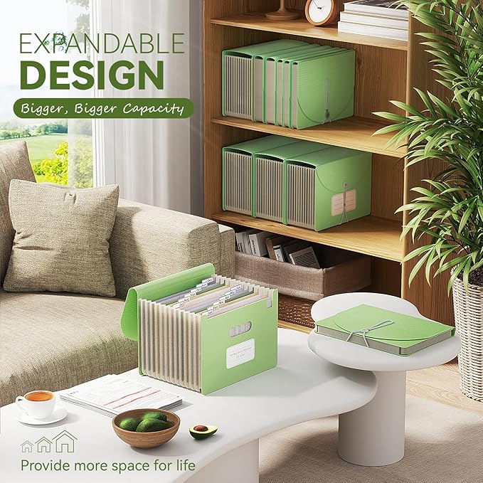 Accordion File Organizer, 13 Pockets Wheat Straw Expanding File Folder, Portable Monthly Paper Bill Tax Receipt Organizer, Letter A4 Size Document Holder with Colorful Tab - Grass Green