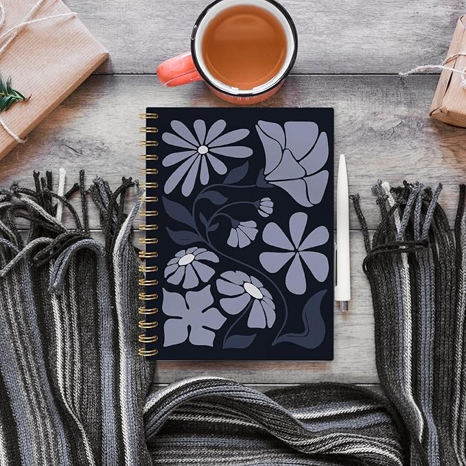 VONTP Boho Abstract Floral Spiral Notebook, Blue Abstract Flower Aesthetic Journal, Boho Office Supplies, Botanical Floral College Ruled Notebook Journal for Writing, 5.5x8.3