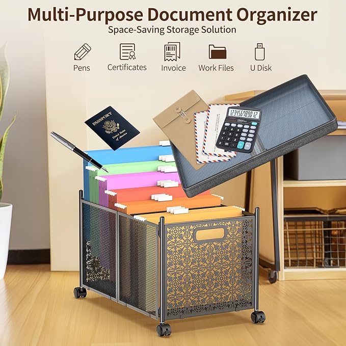 File Organizer Box, Large File Box for Hanging Letter/Legal Size File, File Folder Storage Box with Wheels, Decorative File Box for Office/Decor/Home, Metal (2 Pack)