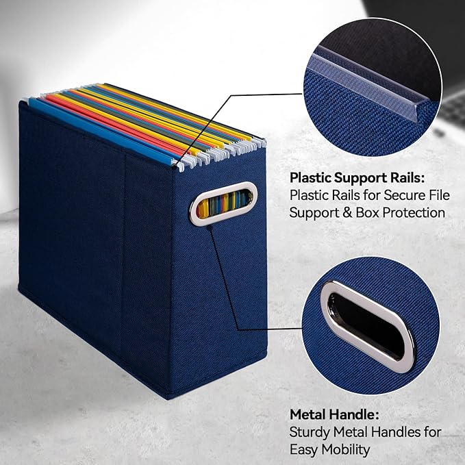 4 Packs Letter Size File Organizer, File Folders Organizer, Fabric Storage Box, Collapsible Paper Organizer with Metal Handle, Smooth PVC Rails, Only Box (Blue)