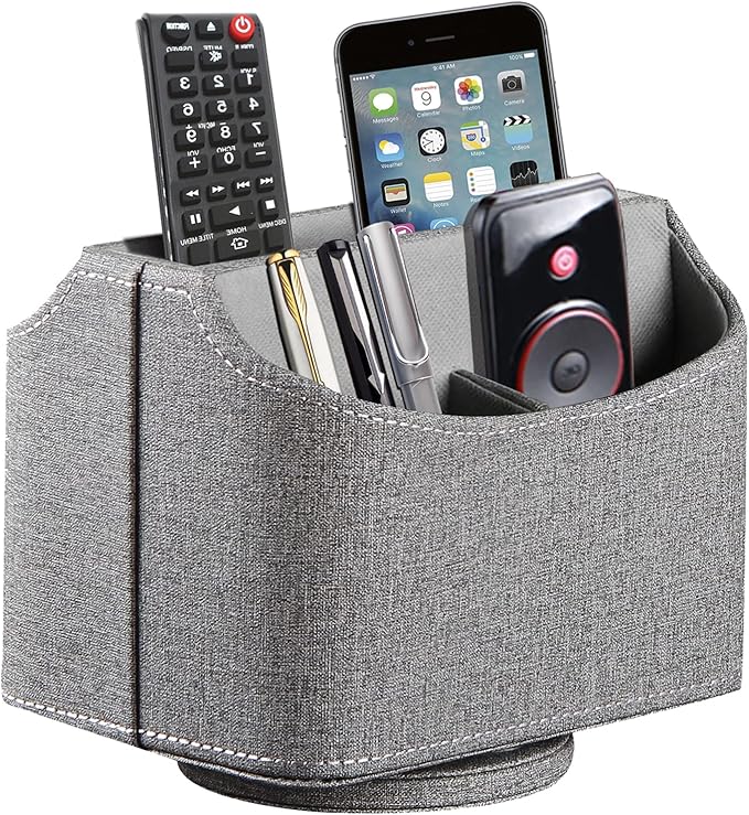 Leather Remote Control Holder 360 Degree Spinning, Desk Organizer for TV Remote Controllers, Caddy,Pen,Calculator,Media Player Storage box (Grey)