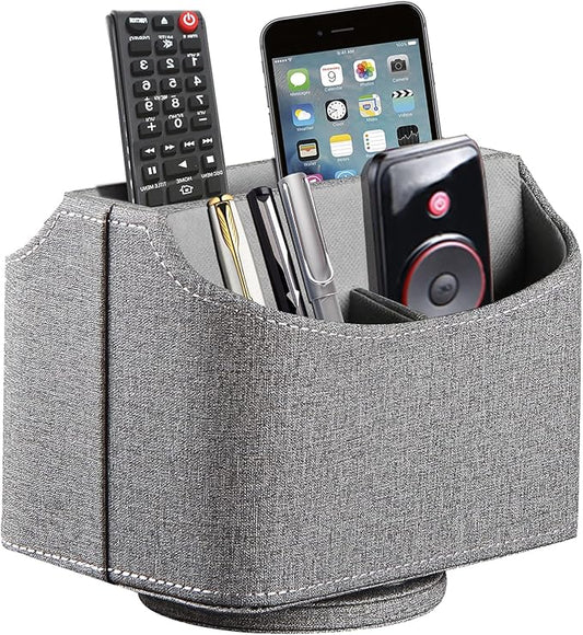 Leather Remote Control Holder 360 Degree Spinning, Desk Organizer for TV Remote Controllers, Caddy,Pen,Calculator,Media Player Storage box (Grey)