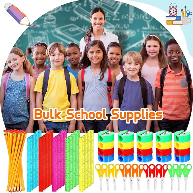 SATINIOR 48 Sets School Supplies Bulk Including 48 Pcs Pencils 48 Pcs Student Scissors 48 Pcs 12 Inch Plastic Ruler 48 Pencil Sharpener School Supplies for Back to School Supplies