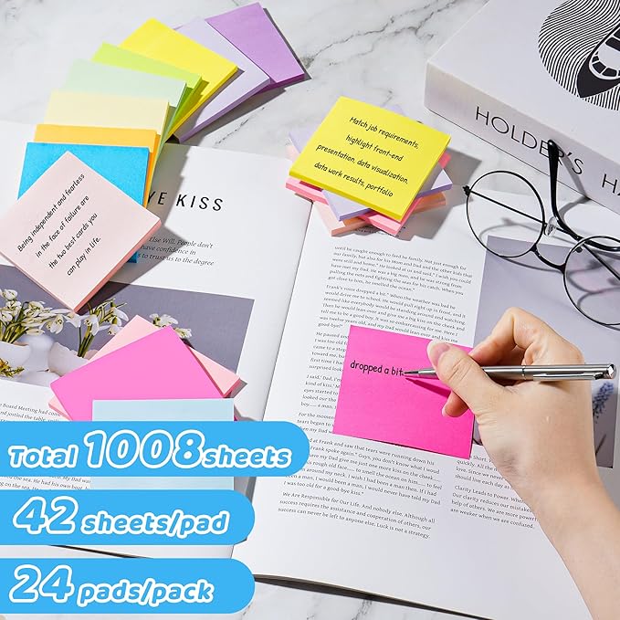 (24 Pads) Sticky Notes 3x3 in Post, 12 Bright Colors Self-Stick Note Pads it, Strong Adhesive, Easy to Post for Home, Office, Notebook