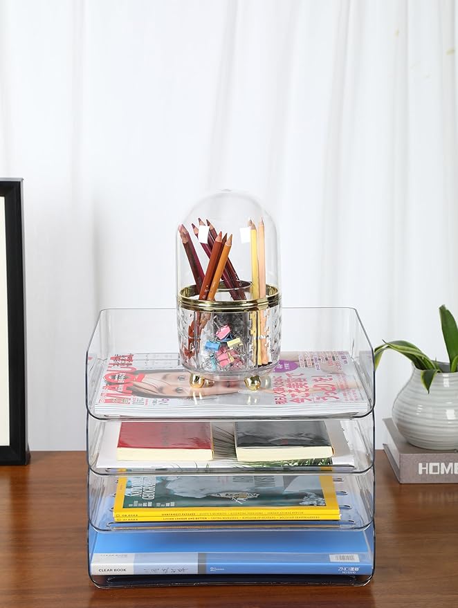 4 Tier Stackable A4 Paper Trays, Office Desk File Holder, Tidy File Document Letter Book Paper Organizer (4 Tiers,Clear)