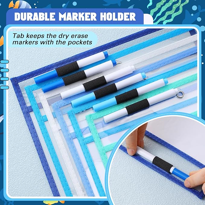24 Pack Dry Erase Pocket Reusable Sleeves 10" x 14" Clear Plastic Sheet Protectors with Dry Erase Markers and Mini Sleeves Paper Teacher Supplies(Ocean Teal)