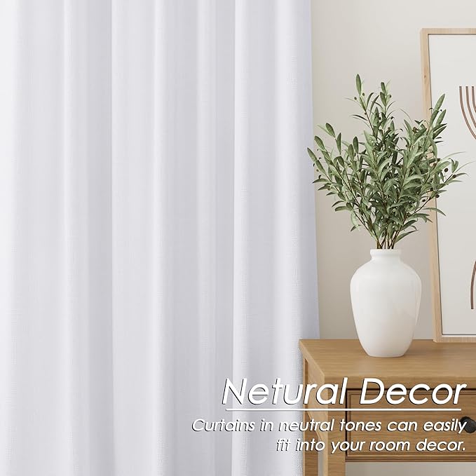 Full Blackout Linen White Curtains, 94 Inches Long for Living Room Patio Sliding Door Back Tab 100% Black Out Bedroom Curtains Pure White Boho Elegant Modern Cosatal Window Curtain Panels Set of 2