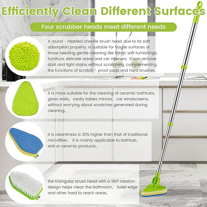 4-in-1 Tile Tub Floor Scrubber with 52-inch Adjustable Long Handle Shower Cleaner Brush with V-Shaped Grout Brush and 3 Replacement Brush Heads for Cleaning Bathroom Kitchen Walls Tub Tile