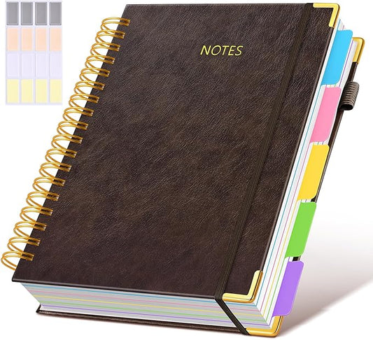 Hardcover Spiral Notebook Journal with Removable Dividers Tabs, 300 Pages Leather 5 Subject Notebook College Ruled, 8"x10" Large B5 Notebooks for Work School Note taking, Lined Journal for Men,Brown