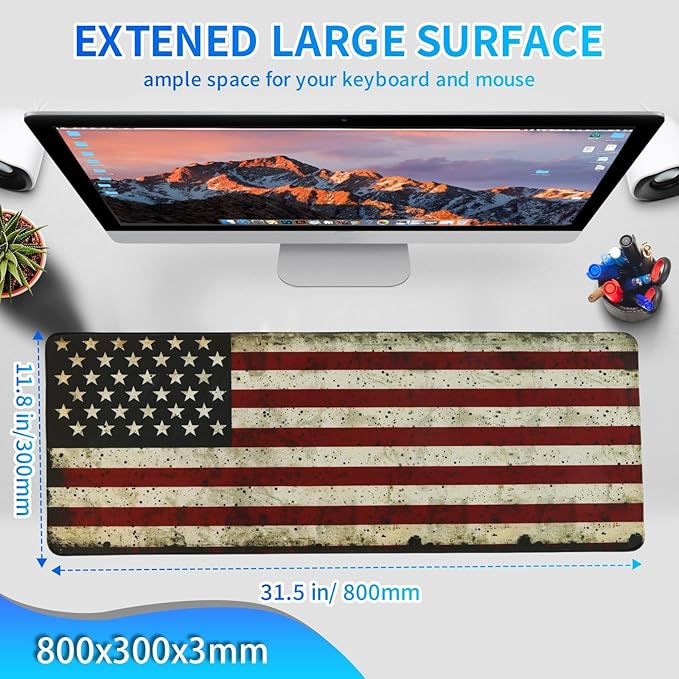American Flag Gaming Mouse Pad, Large Mouse Pad for Desk Mat XL Mousepad, Stitched Edges Non-Slip Rubber Base Mouse Pads for Computers Laptop (USA Flag-Large-White)