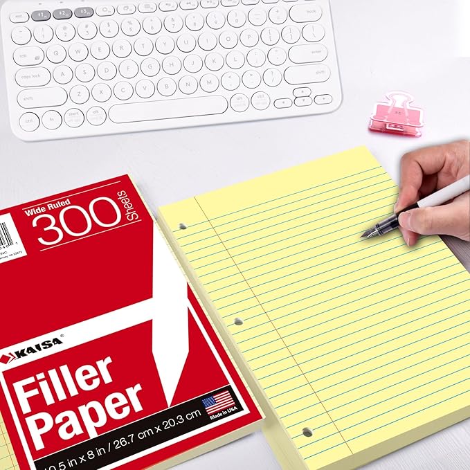 KAISA Loose Leaf Notebook Paper, Wide Ruled, 300 Sheets Per Lined Paper, 8" x 10.5", 3 Hole Punched for 3 Ring Binder, Canary, Made In USA