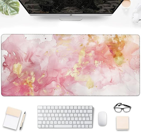 Gaming Mouse Pad, Rose and Gold Liquid Marble Large Desk Mat for Keyboard and Mouse,Non-Slip Rubber Base and Stitched Edges Desk Pad for Home Office 35.4x15.7in