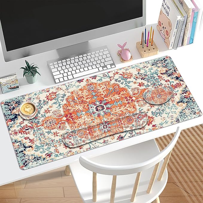 Keyboard Mouse Pad Set, Extended Gaming Mouse Pad +Keyboard Wrist Support +Mouse Wrist Rest +Coaster, 35.4x15.7 in XXL Large Ergonomic Desk Mat 4in1 Set for Home Office, Vintage Bohe