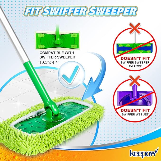 KEEPOW Dry Sweeping/Wet Mopping Cloths for Swiffer Sweeper, Reusable & Washable Microfiber Mop Pads Refills for Hard-Surface/Hardwood Floor Cleaning, 6 Pack (Mop is Not Included)