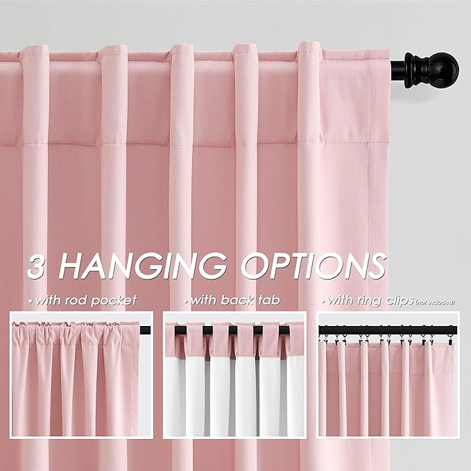 Full Black Out Pink Window Curtains Panels 102 Inches Long 2 Panels Set for Living Room Cotton Textured Long Blackout Curtain with Backing Thermal Insulated Drapes for Nursery Bedroom 52x102