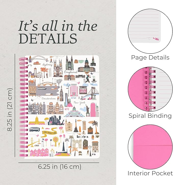 Steel Mill & Co Cute Mini Spiral Notebook, 8.25" x 6.25" Journal with Durable Hardcover and 160 Lined Pages, Travel Icons