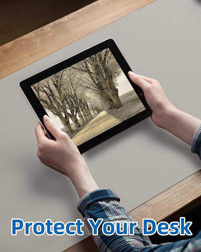 Leather Desk Pad Blotter,Mouse Pad,Office Desk Mat, Non-Slip PU Leather Desk mat,Large Desk mat,Waterproof Keyboard mat for Office/Home/Decor (Light Grye,35" x 17")