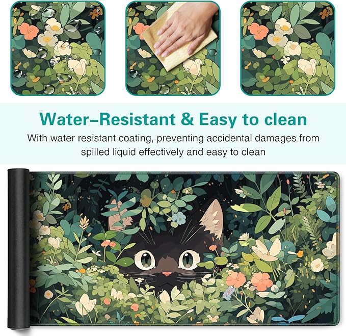 Anime Cat Mouse Pad Green Desk Mat, Kawaii XXL Large Mouse Pad Keyboard with Stitched Edges Non-Slip, 35.4×15.7in Mousepad Mat for Desktop Computer Laptop Office Women Decor Game Funny