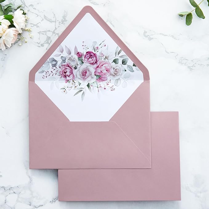PONATIA 50PCS A7 Euro Flap Envelopes, 5.25 x 7.25'' Liner Envelope For 5x7'' Weddings Invitation Cards, Christmas Gift Cards, Acrylic Invitations, Photos (Dusty Rose)