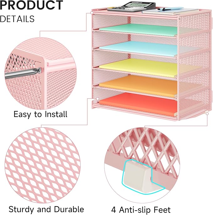 6 Tier Paper Organizer, Metal Mesh Desk File Folder, Letter Tray Organizer, Paper Sorter Desk Organizers for Office, Home or School File Folder Holder - Pink
