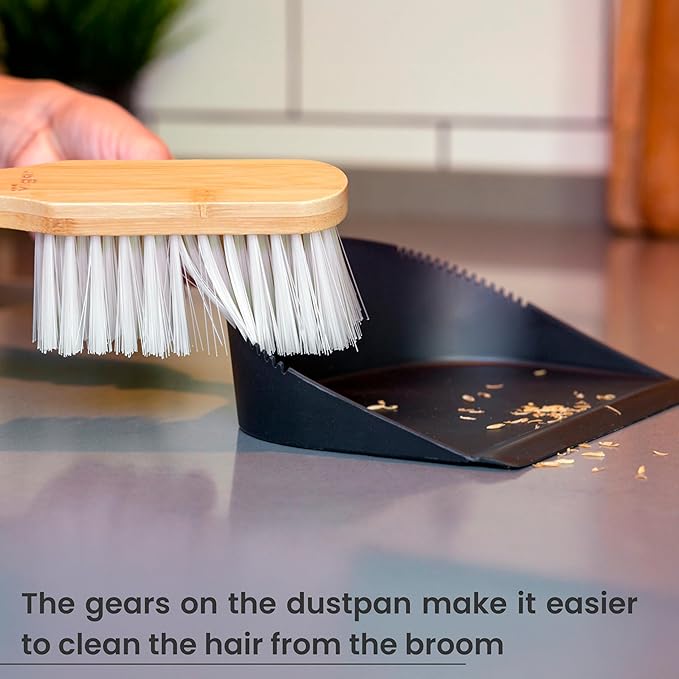 Vigar Vintage Mini Bamboo Broom with Dustpan Combo Set, Small Dust Pan and Brush Set for Dust, Pet Hair, Car, and Crumb, House, Kitchen Broom, Black