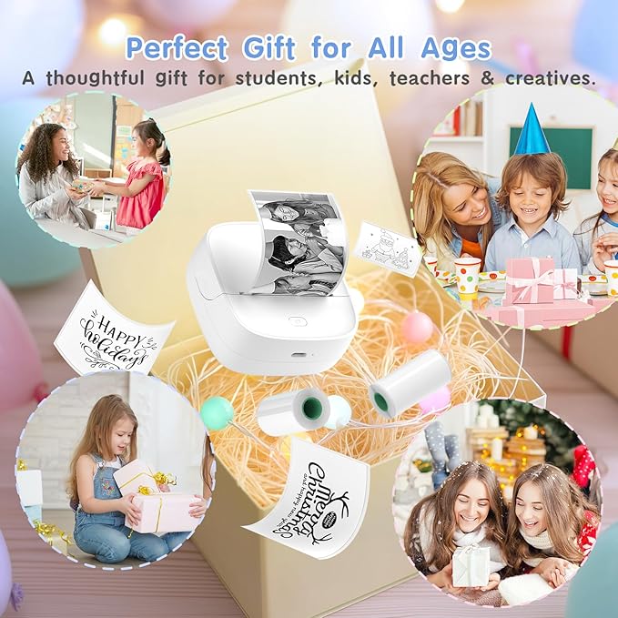 JD-23 Sticker Printer, Mini Portable Thermal Printer Print Pod, Inkless Bluetooth Label Maker with Smart App for Phone & Tablet for Office & Home Use, 2 Rolls Sticker Paper, White