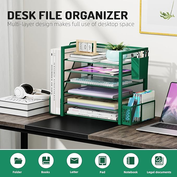 Simple Trending 6 Tier Desk File Organizer, Paper Letter Tray Organizer with File Holder and Pen Container, Green