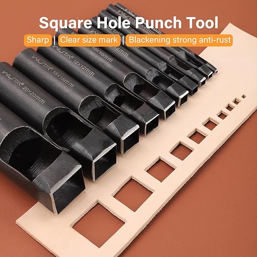WUTA Square Leather Hole Punch,10PCS Steel Hollow Punch Tool Set for Belt,Watch Band,Leather Crafting（2mm-25mm ）