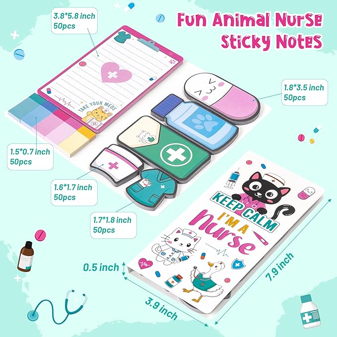 B1ykin Sticky Notes Set, Cartoon Theme Cute Self-Stick Notes Pad Teacher Appreciation Gifts， Self-Adhesive Writing Memo Pages Sticky to Do Notepad for Kids Employee School Office (Funny Nurse)