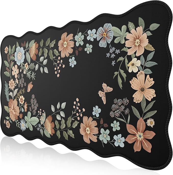 HAOCOO Desk Mat for Keyboard and Mouse, Large Scalloped Desktop Mat, Floral Mouse Pad for Desk, Washable Computer Desk Mat with Edge Stitching, Non-Slip Large Mouse Pad for Office, Home(Black)