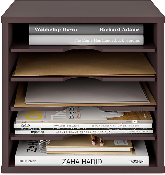 Ballucci File Organizer Paper Sorter, 5 Tier Stackable Office Desk Organizer, Classroom Letter Tray, 13 5/8" x 9 1/4" x 12", Dark Brown