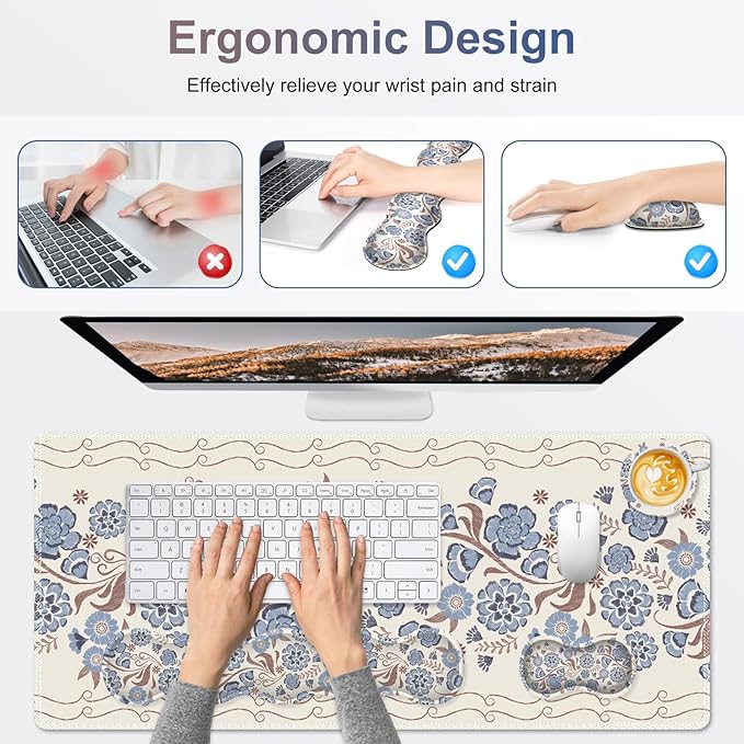 Desk Mat Gaming Mouse Pad, Cute Desk Matt Keyboard Wrist Rest for Desktop, Anti-Slip Big Mousepad Stitched Edges, XXL Large Mouse Pad with Wrist Support for Home Office I Vintage Blue Flower