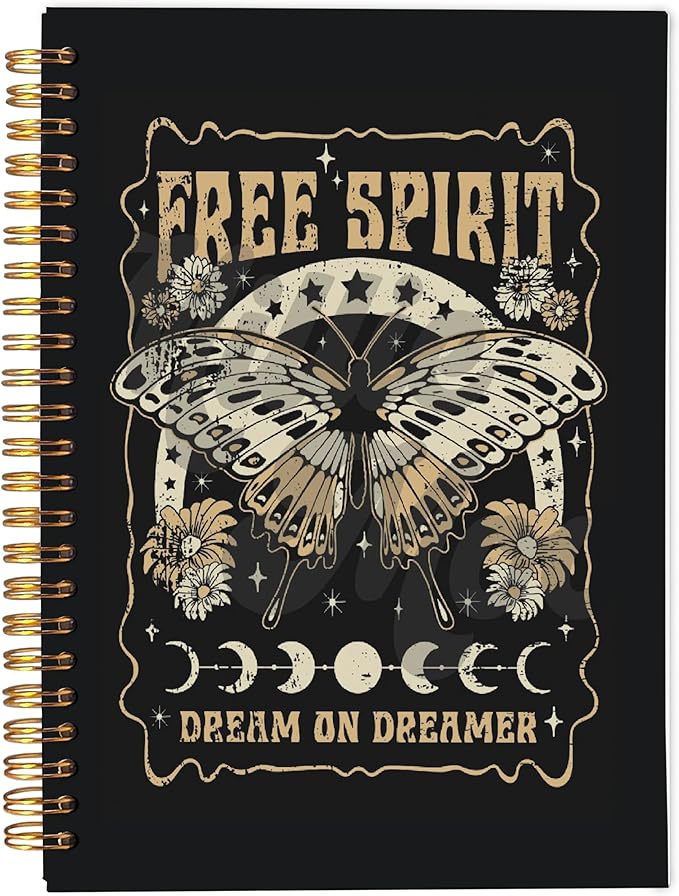 Retro Free Spirit Dreamer Butterfly Witchy Notebook - Witch Journal, Witchy Gifts for Women, Witch Stuff, Moon Phase Journal, Aesthetic Notebook for Women, Spiral Notebook 5.5x8.3