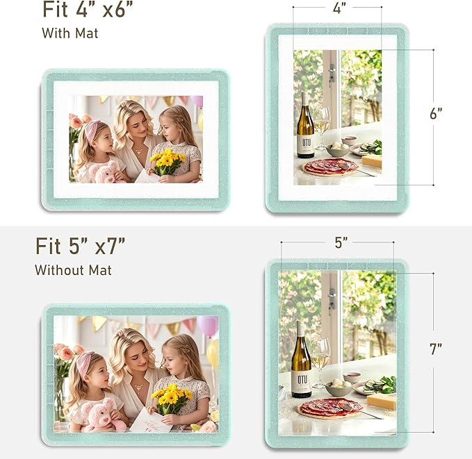 2-Pack 5x7 Picture Frame or 4x6 with Mat – Shatterproof Plastic Photo Frame for Family, Nursery & Playroom, Wall & Tabletop Picture Frames for Home or Office, Safe Lightweight Design, in Crystal Green