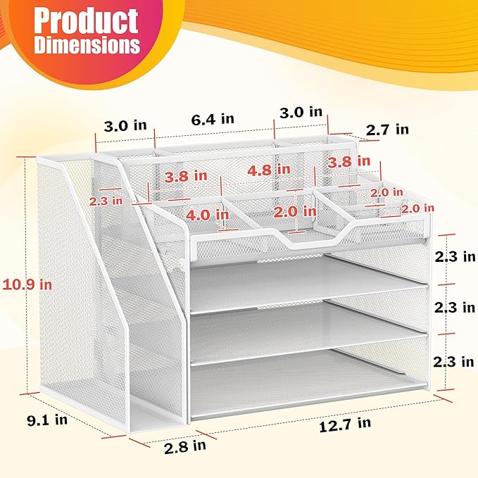 Docnest 4 Tier Mesh Desk Organizer with File Holder – Multi-Functional Paper Letter Tray with 5 Adjustable Compartments, 3 Pen Holders, Desktop Storage for Files, Mail, Stationery – White