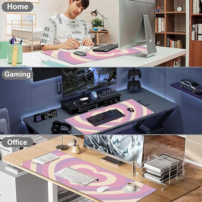 Desk Pad, Cute Retro Hearts Pattern Extended Large Gaming Mouse Pad for Desk XXL, Large Desk Mat for Desktop with Non-Slip Rubber Base Stitched Edges for Computer Keyboard Home Office 35.4"X15.7"