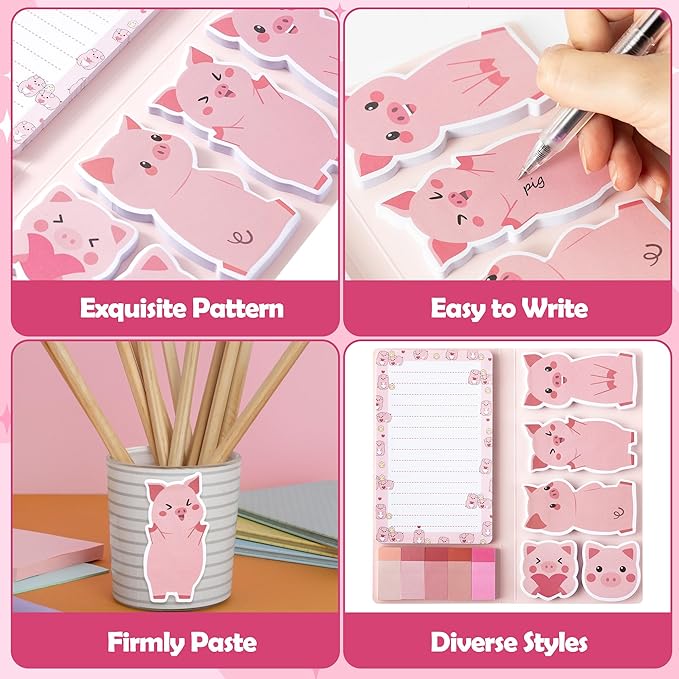 B1ykin Sticky Notes Set, Cartoon Theme Cute Self-Stick Notes Pad Teacher Appreciation Gifts， Self-Adhesive Writing Memo Pages Sticky to Do Notepad for Kids Employee School Office (Pink Piggy)