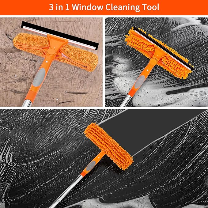 PHABULS Window Washing Kit with Extension Pole, 73’’ Window Cleaning Squeegee Kit, 3 in 1 Window Cleaning Kit with 2 Microfiber Pads & 2 Chenille Pads for Indoor Outdoor Windows