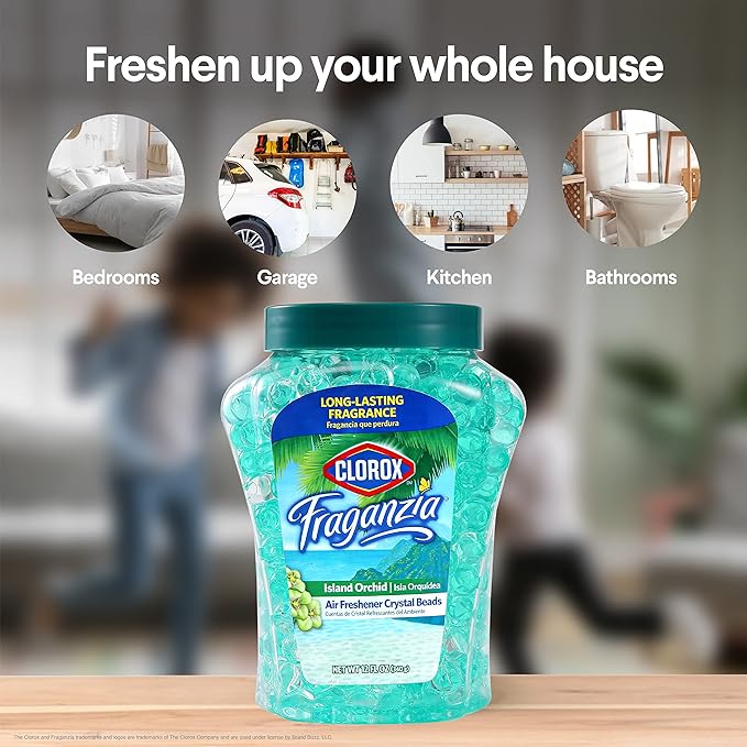 Clorox Fraganzia Crystal Beads Air Freshener in Island Orchid Scent - Long-Lasting Room Deodorizer - Odor Eliminator Gel Beads to Freshen Home, Car, or Office, 12 Fl Oz