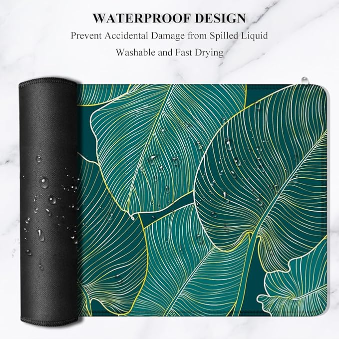 Auhoahsil Desk Pad, XL Extended Large Gaming Mouse Pad 31.5 x 11.8 Inch, Waterproof Mousepad with Stitched Edge, Non-Slip Computer Keyboard Laptop Mat for Women Men Office Work, Teal Tropical Leaves