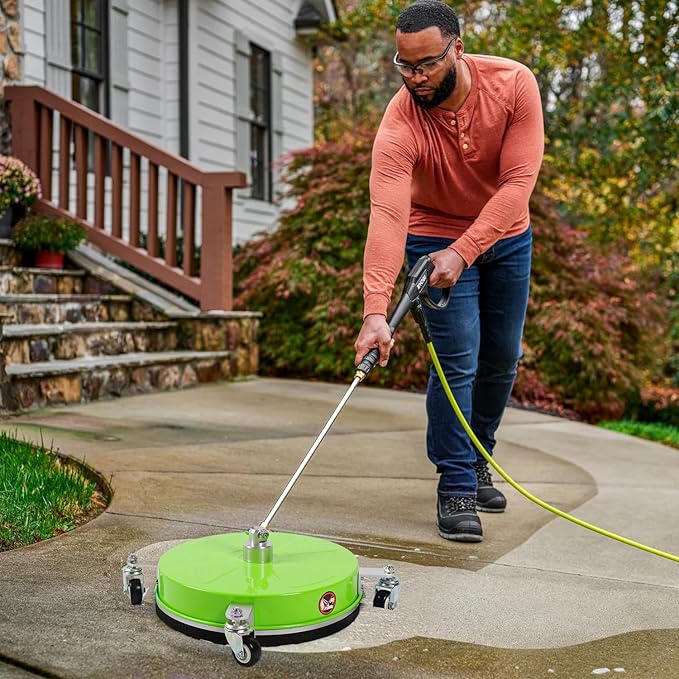 14" Pressure Washer Surface Cleaner with 4 Wheels, Coated Green Stainless Steel Power Washer Surface Cleaner for Driveway Sidewalk Patio, 1/4" Quick Connector 2 Extension Wand, 4000 PSI
