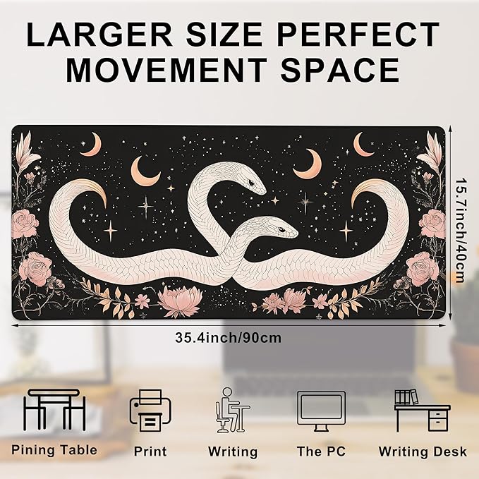 Gaming Mouse Pad, White Snake and Starry Moon Flower Large Desk Mat for Keyboard and Mouse,Non-Slip Rubber Base and Stitched Edges Desk Pad for Home Office 35.4x15.7in