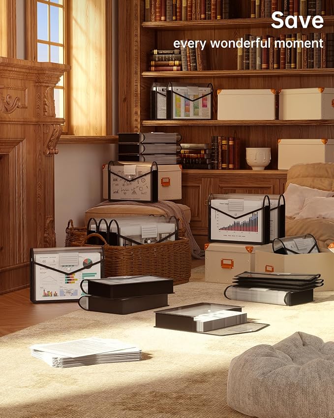 Plastic Expanding File Folder, Transparent envelopes with Snap Closure, No Dividers, Large Capacity, Black File Folder Organizer Holder, Bills&Taxes, Letter/A4 Size for School/Office/Home-7 Pack