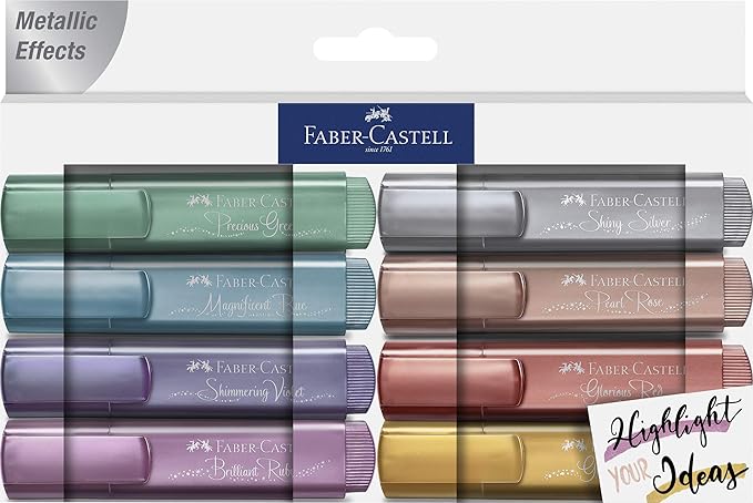 Faber-Castell Metallic Highlighter Set - Assortment of 8 Subtle Glitter Highlighter Markers - Note Taking and Journaling Supplies