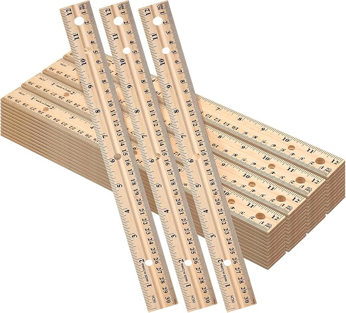 144 Pack Wooden Ruler 12 Inch (30cm) Bulk Wood Measuring Ruler Straight Metal Edge with 4 Holes for School Office Drafting Classroom Supplies, 2 Scale
