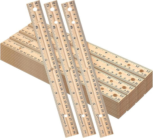 144 Pack Wooden Ruler 12 Inch (30cm) Bulk Wood Measuring Ruler Straight Metal Edge with 4 Holes for School Office Drafting Classroom Supplies, 2 Scale