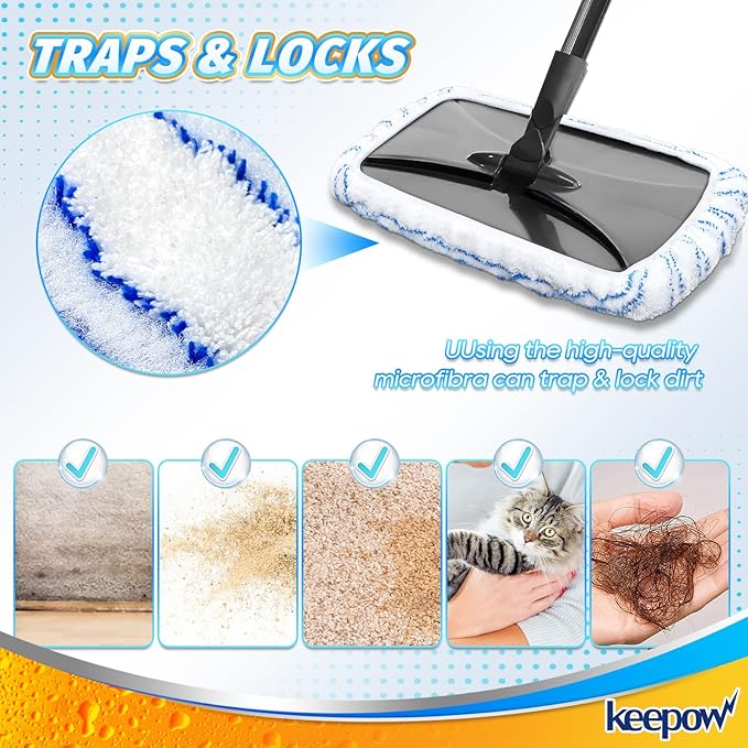KEEPOW Reusable Mop Pads Compatible with O Cedar Hardwood Floor'N More Microfiber Mop, Mop Refill Heads Replacements for Wet and Dry Use, 15x8 Inch (2 pcs)