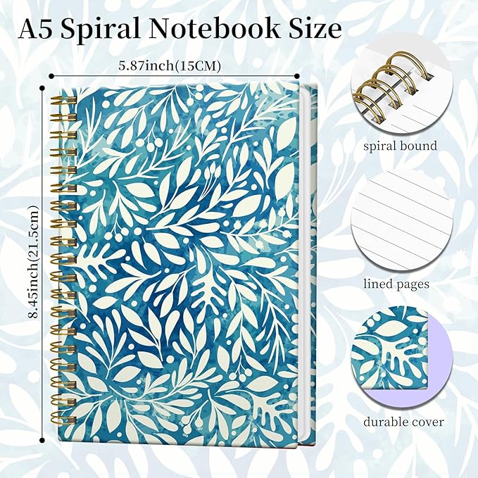 Spiral Notebook Journal for Women Men, A5 Hardcover Journal, 120 Pages Thick Paper, College Ruled Writing Notebook for School, Work & Office 8.3'' × 5.9''(Cute Plant Floral)