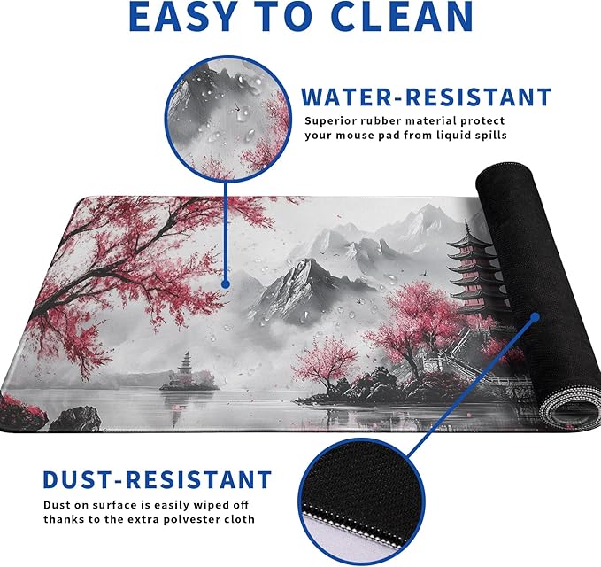 Pagoda Mouse Pad Abstract Cherry Blossom Watercolor Mouse Pad 31.5x11.8 Inch Texture Non-Slip Rubber Base Large Mousepad Stitched Edges Keyboard Mouse Mat Desk Pad for Office and Home